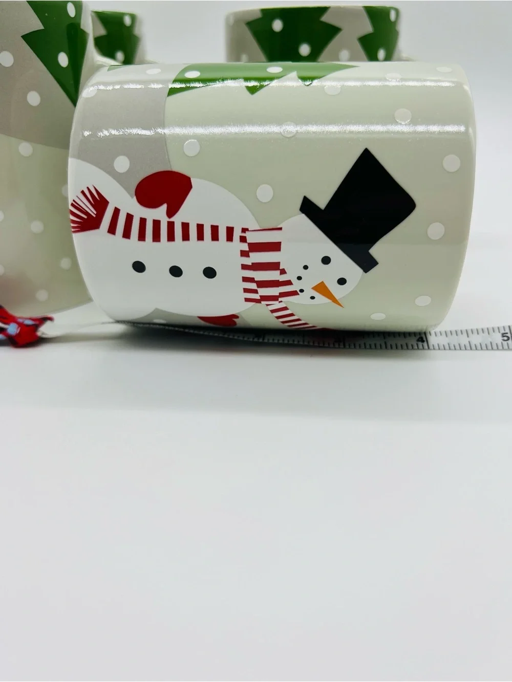 Crate&Barrel Sage Green Snowman Mug Set of 4 with Red Accents